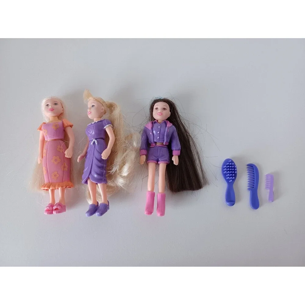 Three Vintage Fashion Polly Pocket Small Dolls With 3 Hairbrushes Toy Collection